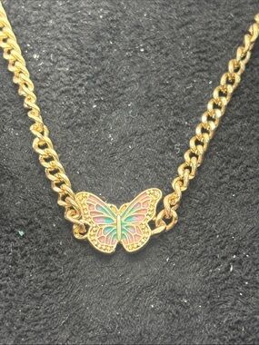 Gold Butterfly Chain Necklace with Pink & Turquoise Enamel